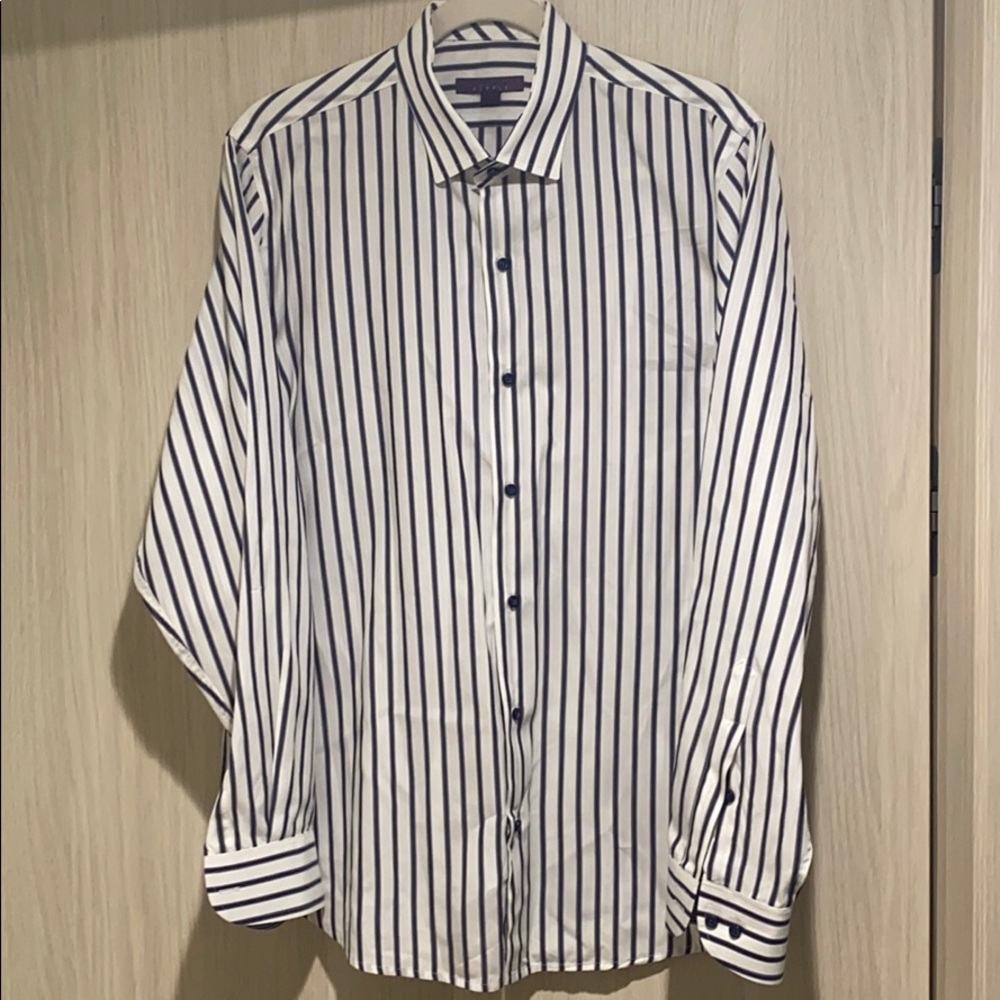 White dress shirt with purple and gray stripes